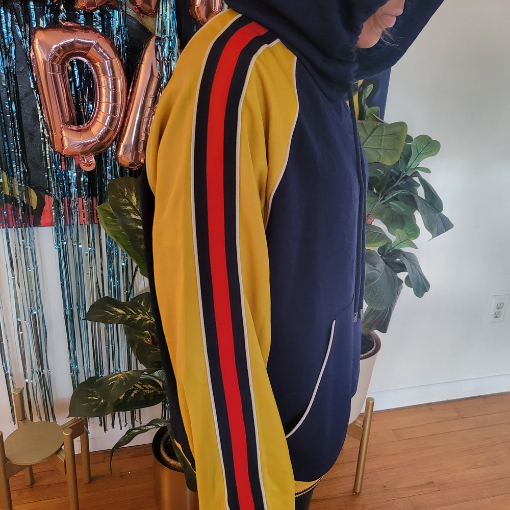 Gucci Color Block Zip-Up Hoodie with Mustard Sleeves and Red Stripe